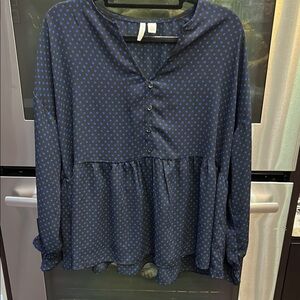 Blue and White‎ Peplum Blouse with Mandarin Collar